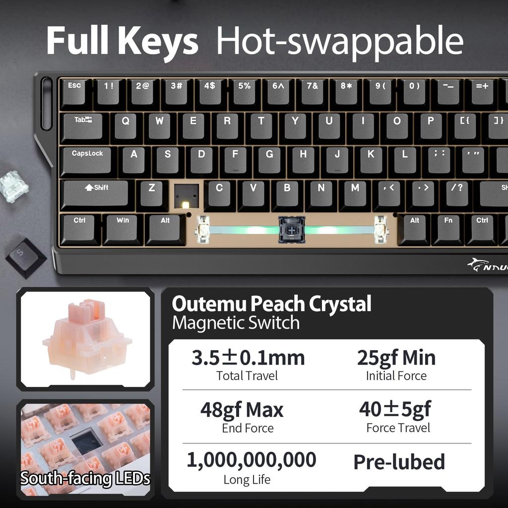 GAMAKAY NaughShark NS68 Беспроводная Клавиатура Быстрый Спуск 8000 Гц Outemu Peach Crystal Магнитная Поддержка Компактная Раскладка Тройная × - (0.01мм) / / Горячая замена