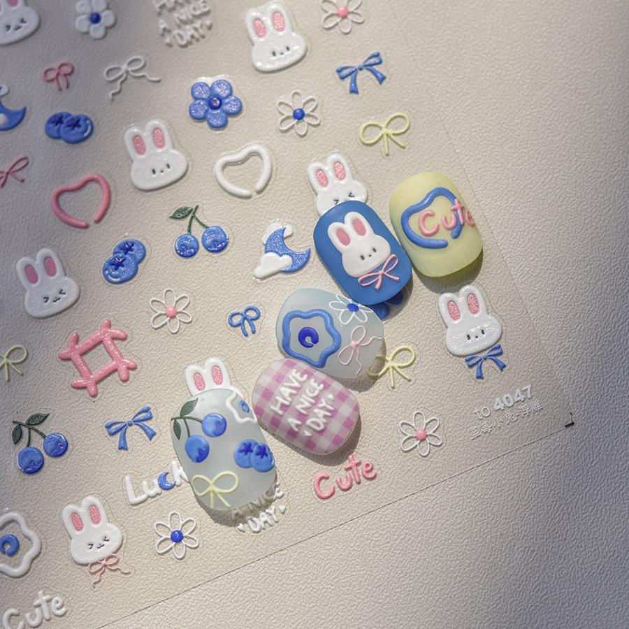 1pcs 5D Rabbit Nail Stickers Cartoon Pink Blue Flower Adhesive Nail Art Decorations Decals Slider DIY
