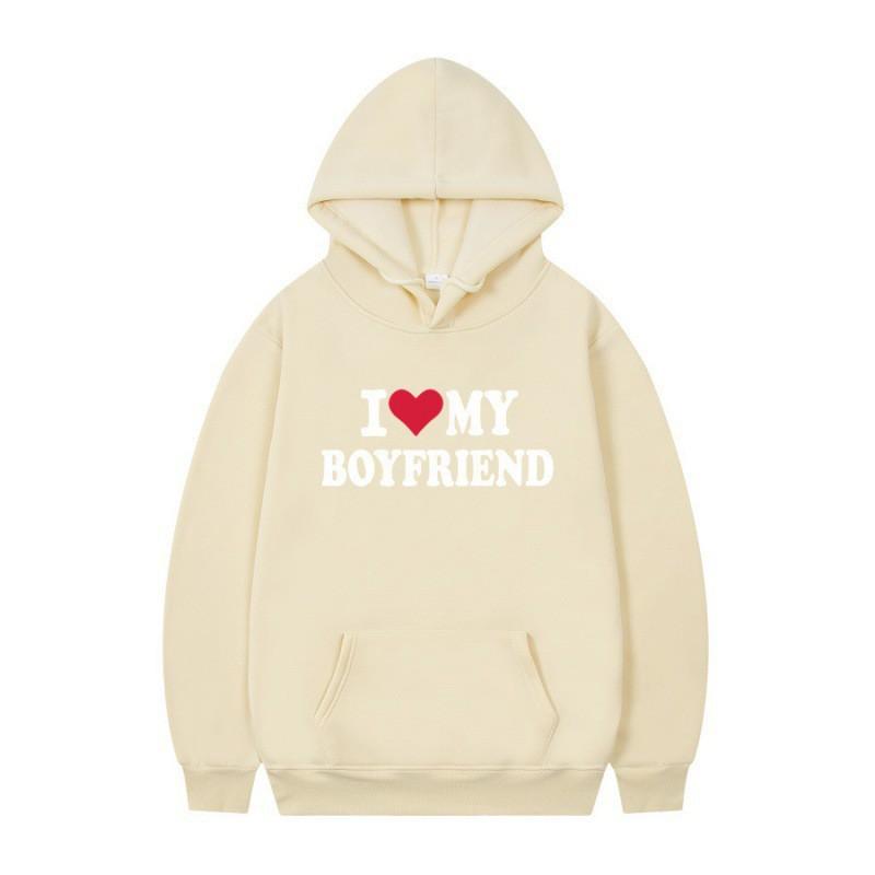 Mens Gothic Streetwear Hooded Sweatshirt With I LOVE MY BOYFRIEND Print Long Sleeve Loose Fit