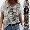 Женские топы с V-образным вырезом и коротким рукавом, серые, с принтом кошки, свободная футболка, повседневная блузка KTB