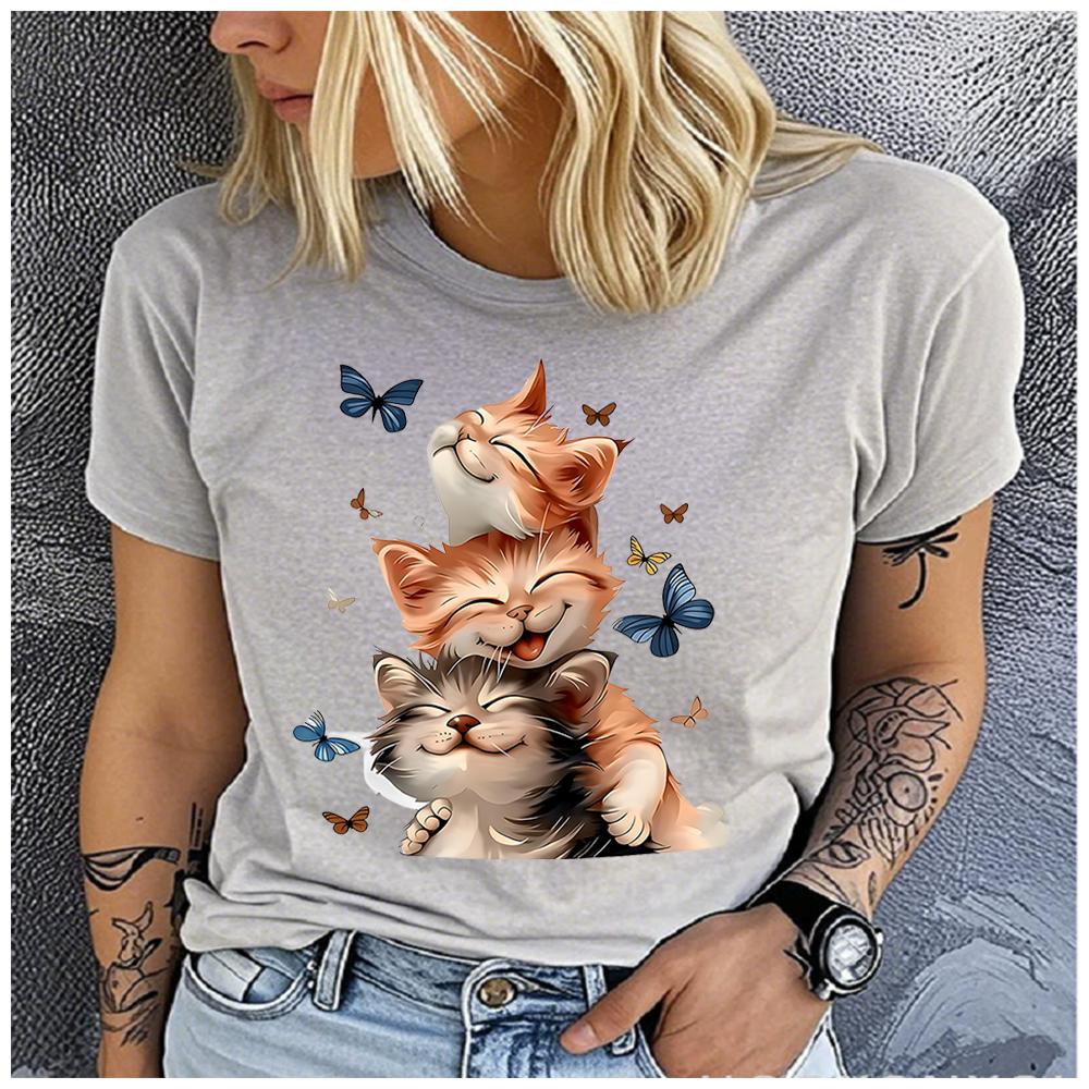 Unisex Womens Cotton Cat and the Butterfly Print Tshirt Loose round Neck Casual Short Sleeve Fashion Top Clothing Summer