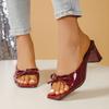 Женские босоножки на высоком каблуке с бантом 2025 года, летние женские тапочки для отдыха на открытом воздухе, винно-красные тапочки с квадратным носком