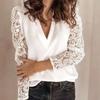 Женская милая кружевная шифоновая рубашка с длинными рукавами, осень/зима, офисная женская однотонная блузка с v-образным вырезом, женская одежда, S-5XL