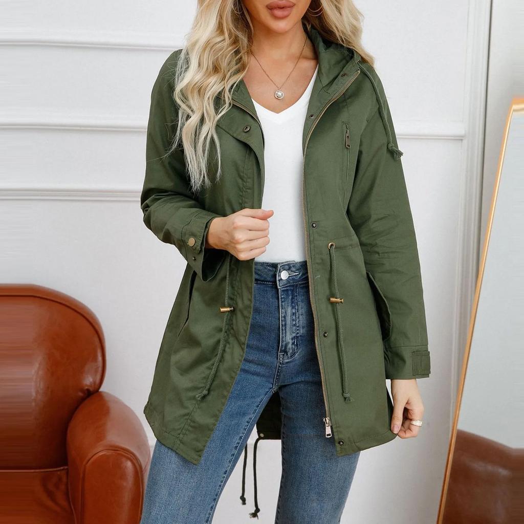 Женский плащ-тренч с капюшоном Весна Осень Приталенная однотонная куртка для повседневной носки, активного отдыха, кемпинга, походов