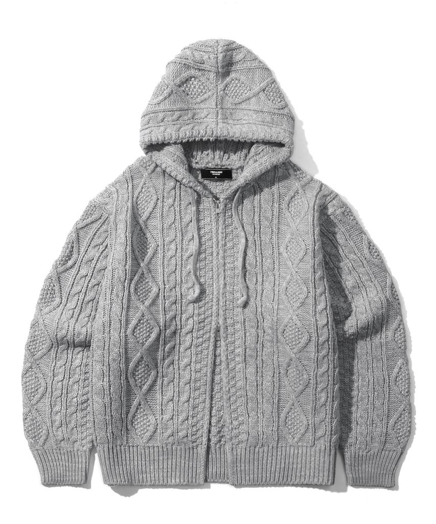 TRILLION Washable Aran Cable Hooded Zip-Up Knit (Melange Gray)