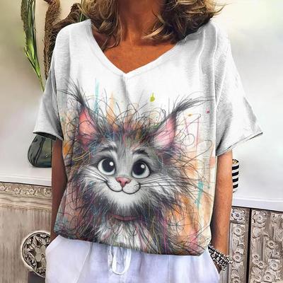 Милые женские футболки с изображением кошек в стиле Харадзюку, женская одежда с V-образным вырезом и принтом животных, повседневная футболка с коротким рукавом, свободный топ большого размера 2025
