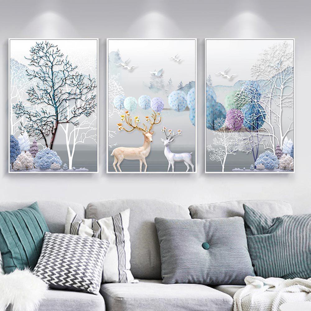 Popular Modern Three-dimensional Abstract Tree Deer Living Room Decorative Canvas Painting Oil Painting Canvas Wall Art Winter