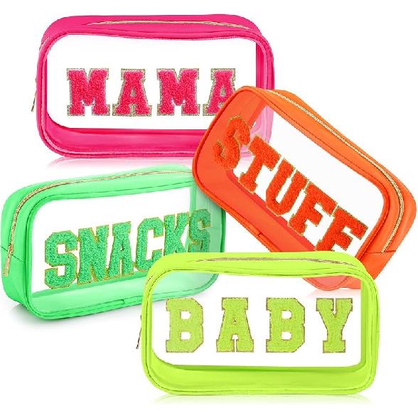 4 Pcs Mama and Baby Toiletry Bag Clear Chenille Letter Pouch Snacks Makeup Stuff Travel Diaper Bag Preppy Transparent Pouch with Zipper for Women