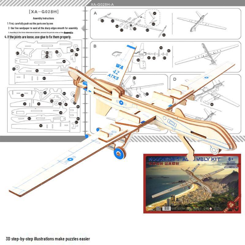 3D Деревянная Сборная Модель Беспилотного Разведывательного Самолета - Развивающая Игрушка-Пазл для Детей