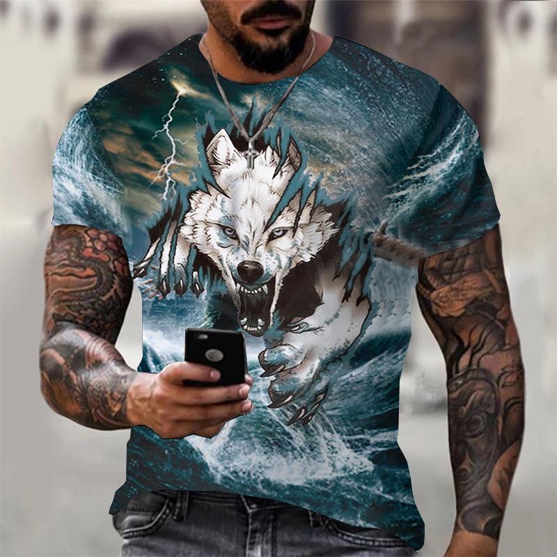 Новая летняя мужская футболка с круглым вырезом и 3D принтом волка на открытом воздухе, повседневная, из полиэстера, с коротким рукавом, модельер, уличный топ
