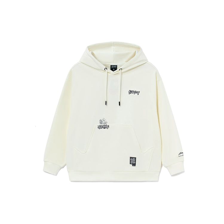 Li Ning Badfive Changan Молодежная вышитая толстовка с капюшоном с принтом унисекс белая AWDRF91-3