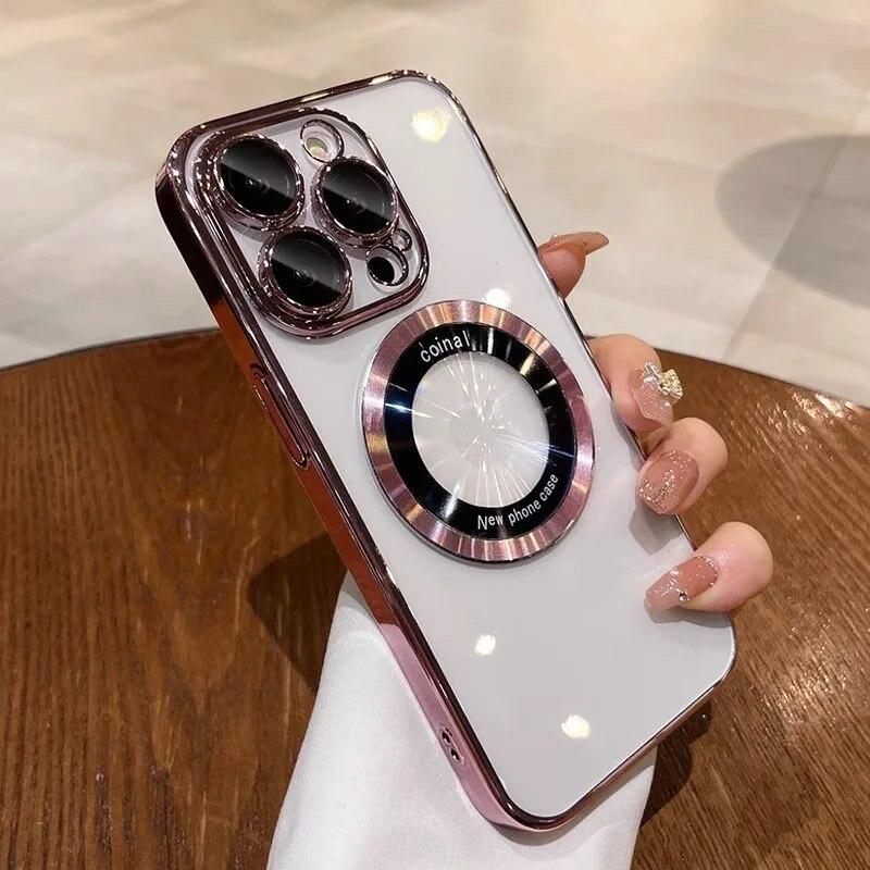 Роскошный магнитный чехол с пленкой для объектива для iPhone 14, 15, 13, 12, 11 Pro Max Plus, прозрачный защитный чехол для беспроводной зарядки, чехол для телефона