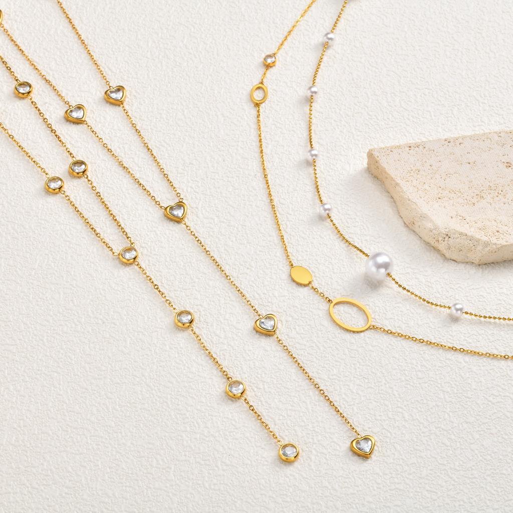 Women's Heart Zirconia Long Chain Necklace, Lariat Gold Plated Necklace, Stack Drop Trendy Stainless Steel Jewelry