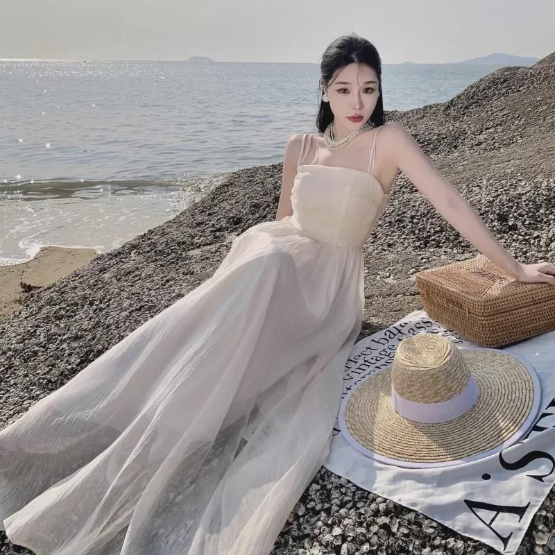 Фиолетовое платье с подтяжками: Женское летнее платье Fairy Style 2024 года, однотонное, утягивающее талию, длинное платье для отпуска