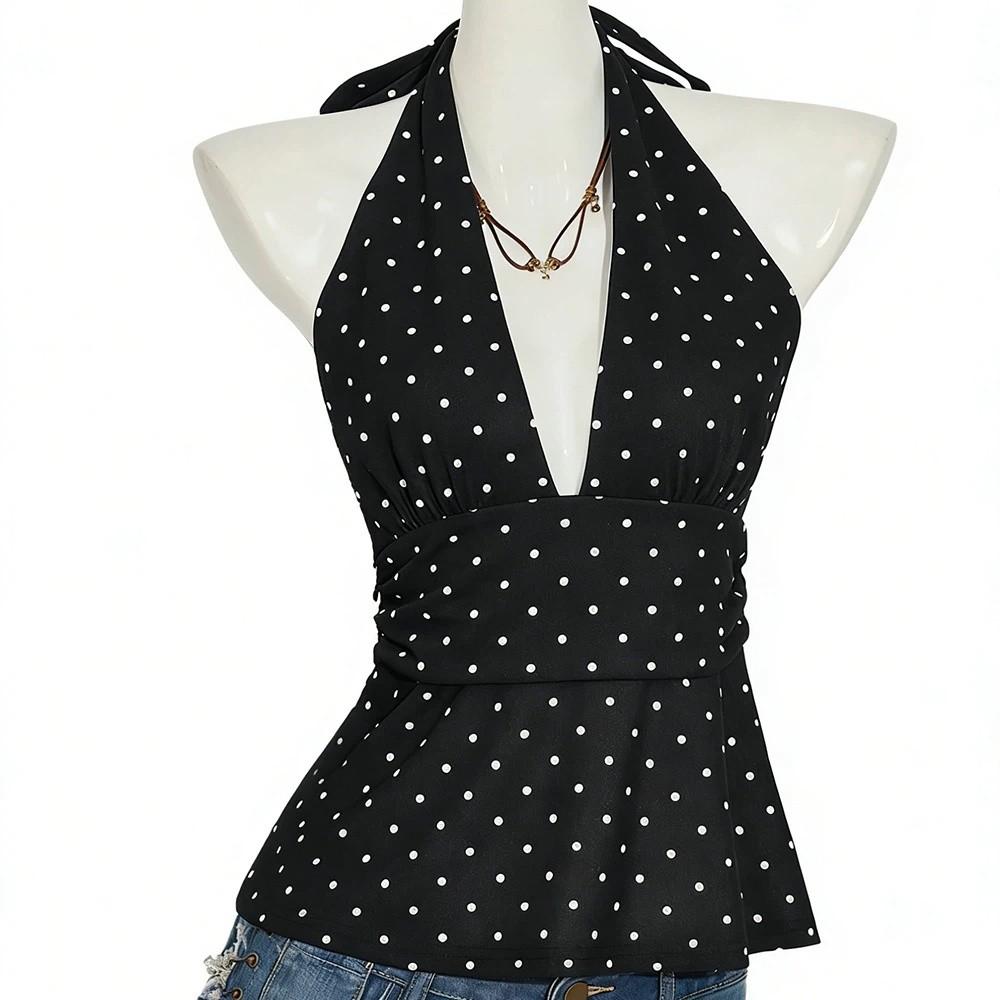 Deep V Neck Lace-up Dots Camisole Pleated Halter Ruffle Vest Ins Style Women Crop Top Girl