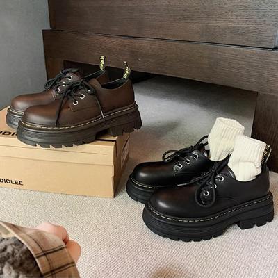 Британский стиль шнуровка высокий толстый каблук мокасины платформа круглый нос маленькие кожаные туфли женские осень