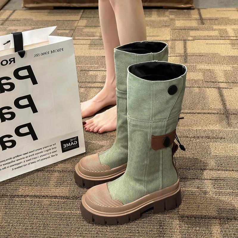 Retro Style Women Western Cowboy Boots Fashion Slip On Thick Heel Long Booties Autumn Winter Female Denim Shoes