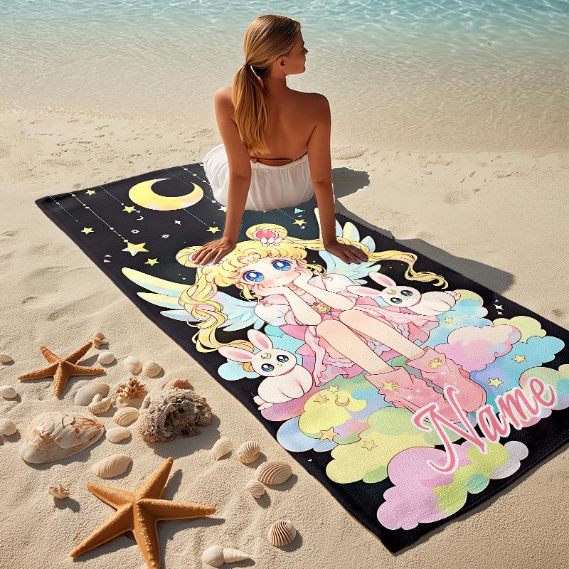 Personalized Name Moonlit Guardian Stylish Digital Printing Beach Towel Quick‑Drying Absorbent Blanket for Beach Pool Gym Travel