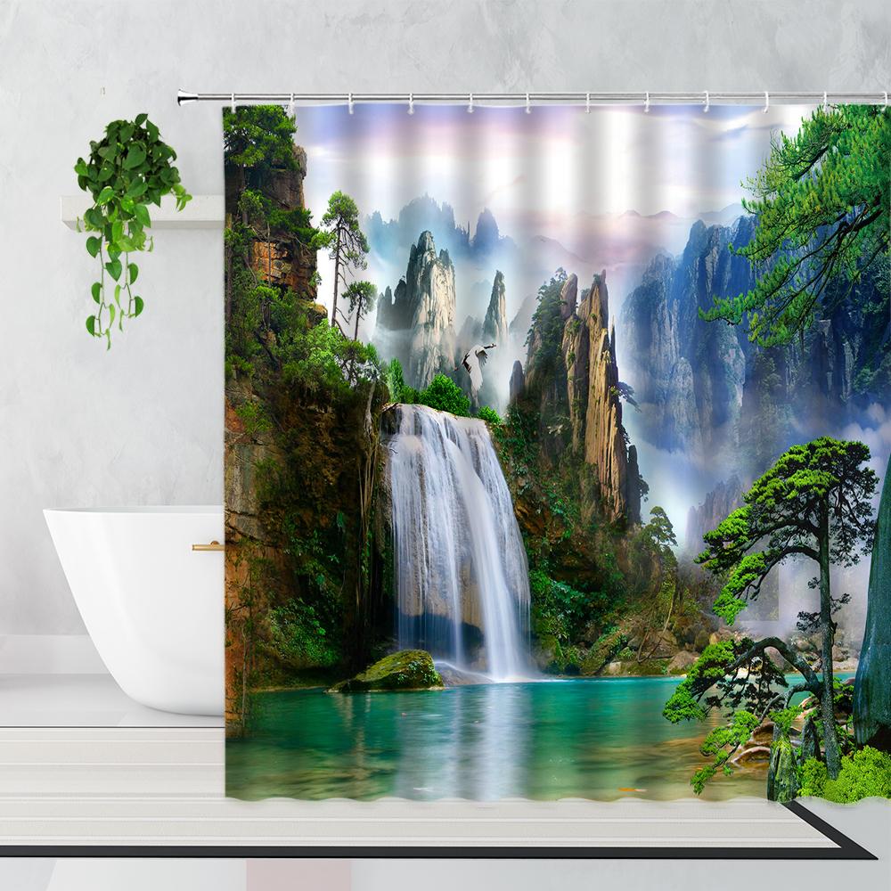 Zen Bamboo Forest Shower Curtain Summer Forest Jungle Waterfall Rock Nature Scenery Bath Curtains Set Green Landscape Bathroom