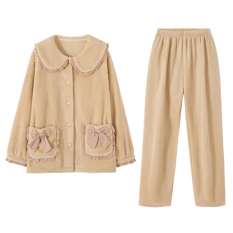 Coral fleece pajamas women's autumn and winter fleece thickened winter women's warm flannel can be worn outside loungewear suit