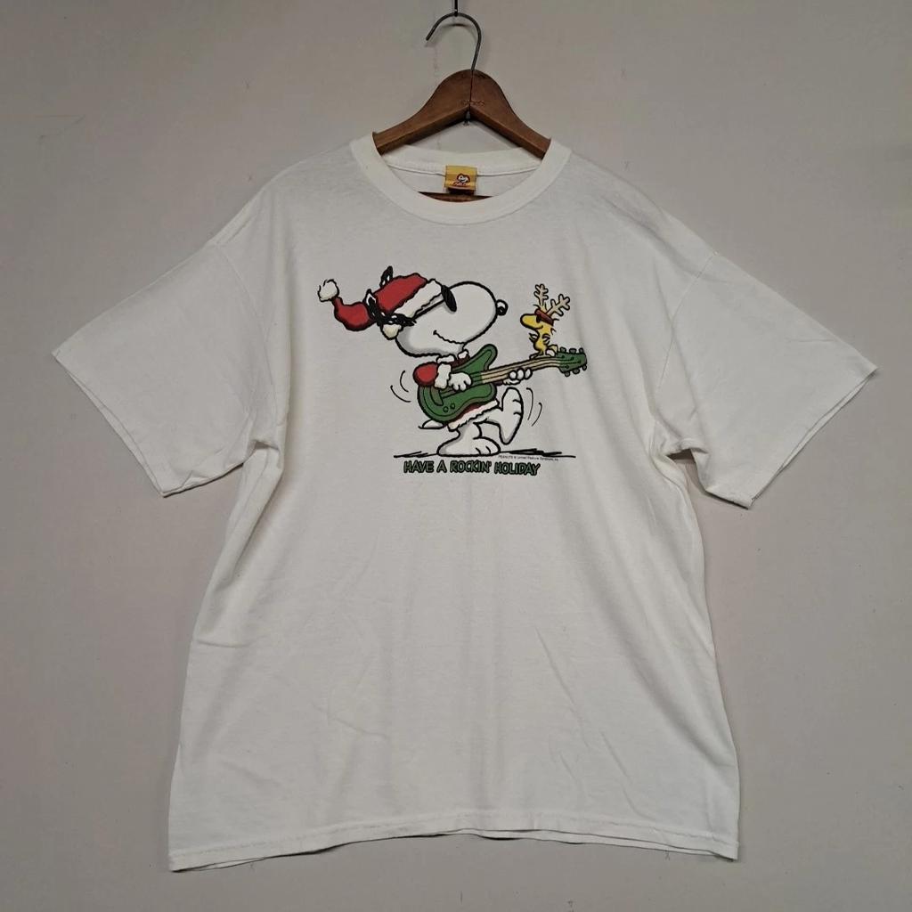 Peanuts Snoopy Have A Rockin Holiday Christmas Graphic Size L Shirt White Vtg