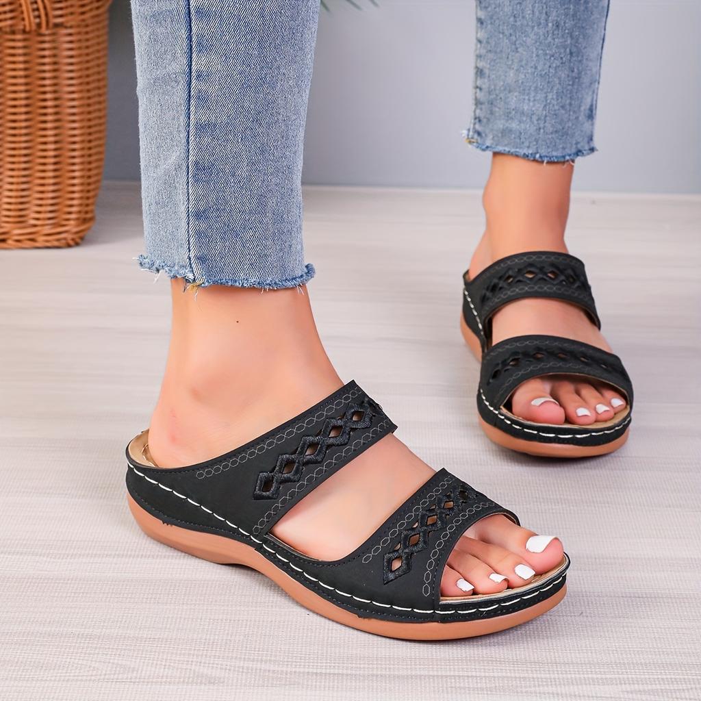 Women's Solid Color Sandals, Slip On Open Toe Double Bands Non-slip Soft Wedge Slides Shoes, Summer Comfy Shoes