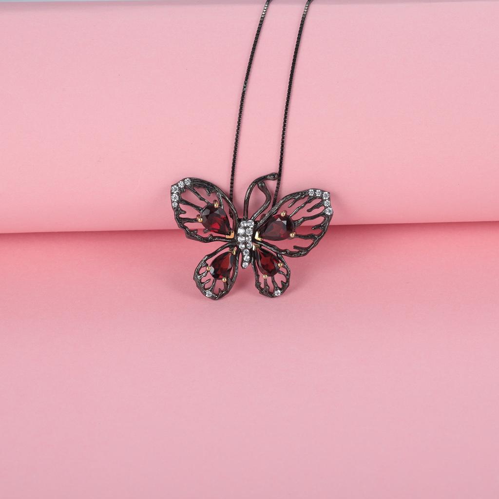 Original Designer Natural Garnet Butterfly Pendant, Luxurious and High-end 925 Silver Natural Gemstone Necklace Pendant