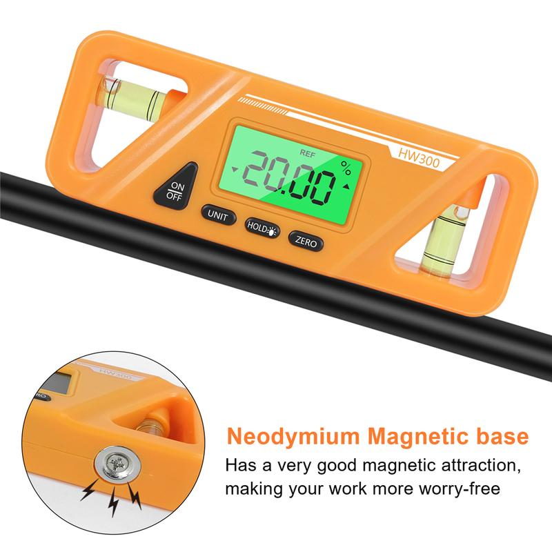 HW-300 Digital Inclinometer Angle Finder Gauge Spirit Level Bottom Magnet Data Hold Bright LCD Display Compact Inclinometer
