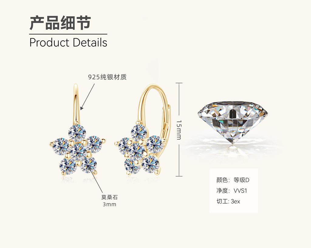 Silvere Glam Корейская версия в стиле Инс Новые серьги-пусеты с муассанитами в виде снежинок Шестиконечная звезда Цветок 925 проба Стерлинговое серебро Серьги с кисточками