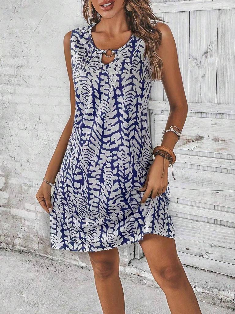 Women's Printed Sleeveless Dress with Ring Neckline, Summer Boho Dress