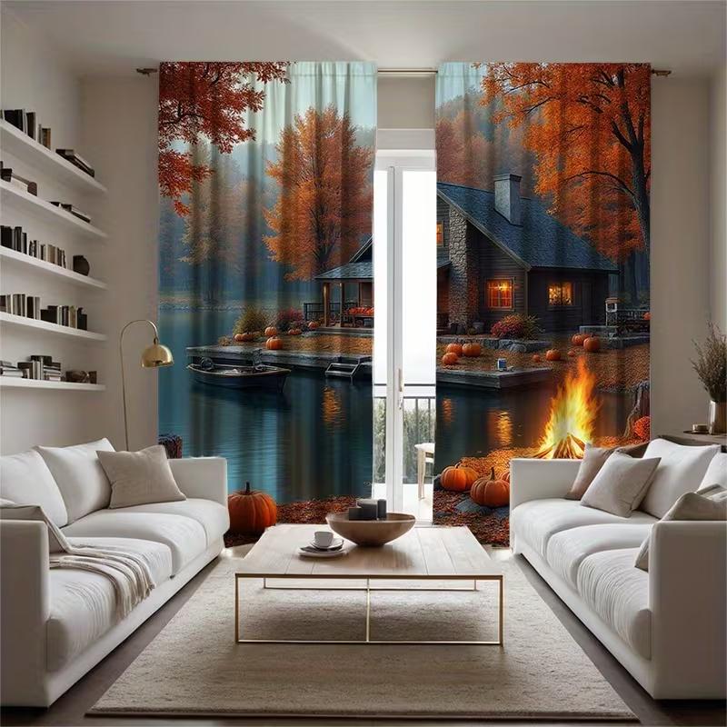 2 шт. Шторы с принтом озерного пейзажа, подходят для декора спальни, гостиной, кухни, декора дома, декора окна