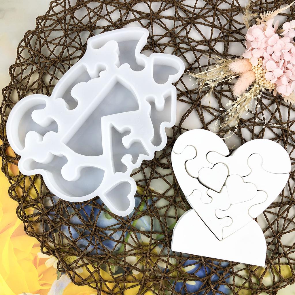 Desk Ornament Mould Flexible Silicone Mold for Love Heart Puzzle Shaped Decoration Gypsum Mold Jewelry Making Supplies