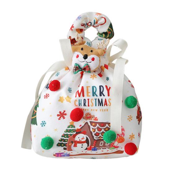 Christmas Gift Bag with Drawstring Reusable Candy Bag for Treats Cookie Goodies Xmas Eve Fruit Storage Bag with Santa Snowman Deer Doll for Xmas Party