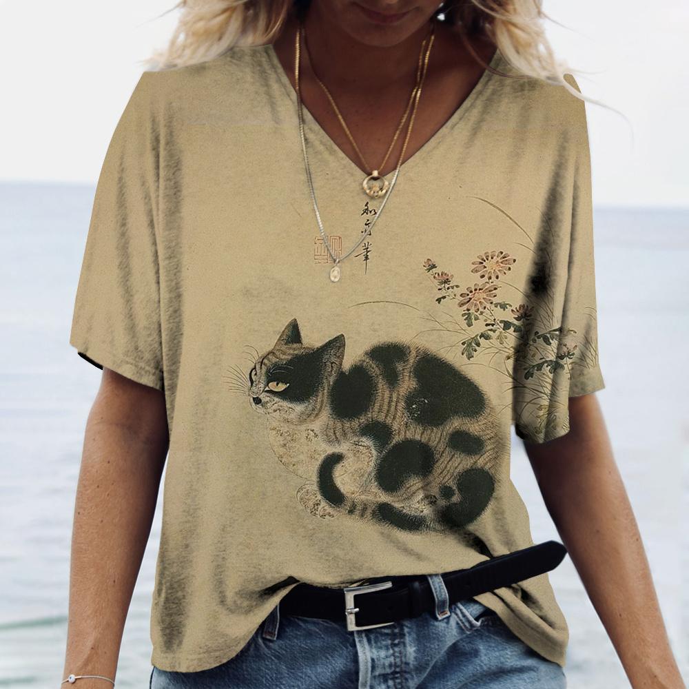 Женская футболка с 3D принтом «Манга Кот» в стиле Харадзюку, летний топ с короткими рукавами и v-образным вырезом, повседневная женская одежда, футболки большого размера