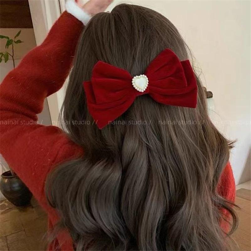 Cat Eye Heart Bow Velvet Hair Clip Women Retro Wine Red French Elegant Pearl Back Head Hair Accessories