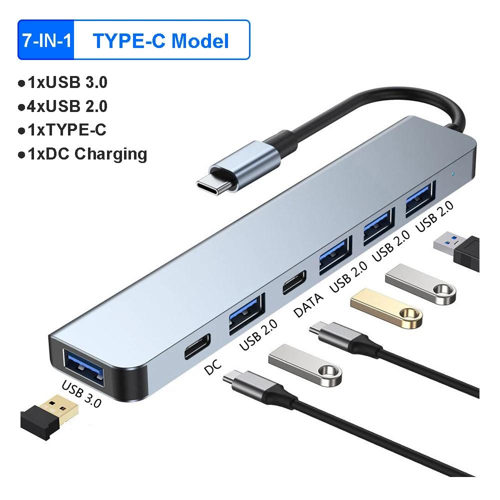 USB C Hub 7 Ports Multi USB Splitter Type C Dock Station USB 3.0 2.0 PD Adapter for Xiaomi MacBook Pro Plug and Play Support U Disk Keyboard Mouse