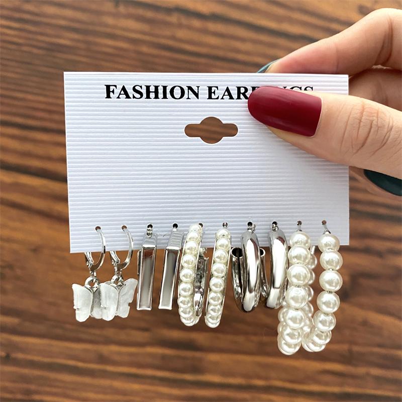 Trendy Earrings Set for Women Girls Simple Silver Color Pearl Metal Circle Hoop Earrings Dangle Earrings 2022 New Fashion Gift
