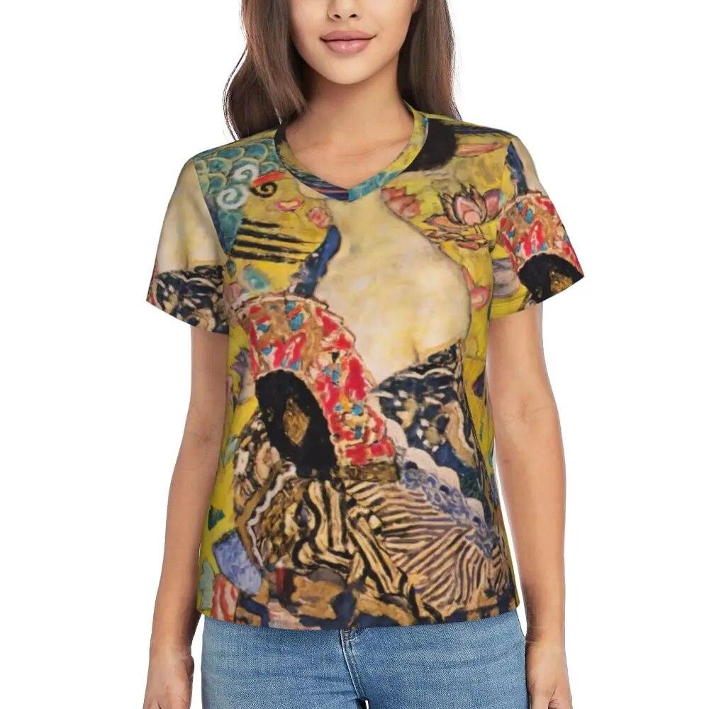 Gustav Klimt T Shirt The Kiss Hip Hop T-Shirts Women V Neck Basic Tops 2024 Beach Short Sleeve Pattern Clothes
