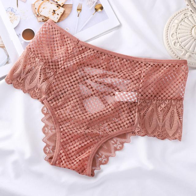 Sexy Mesh Women Lace Underwear Mid-Rise Briefs Hollow Out G String Underpant Solid Comfortable Female Breathable Lingerie