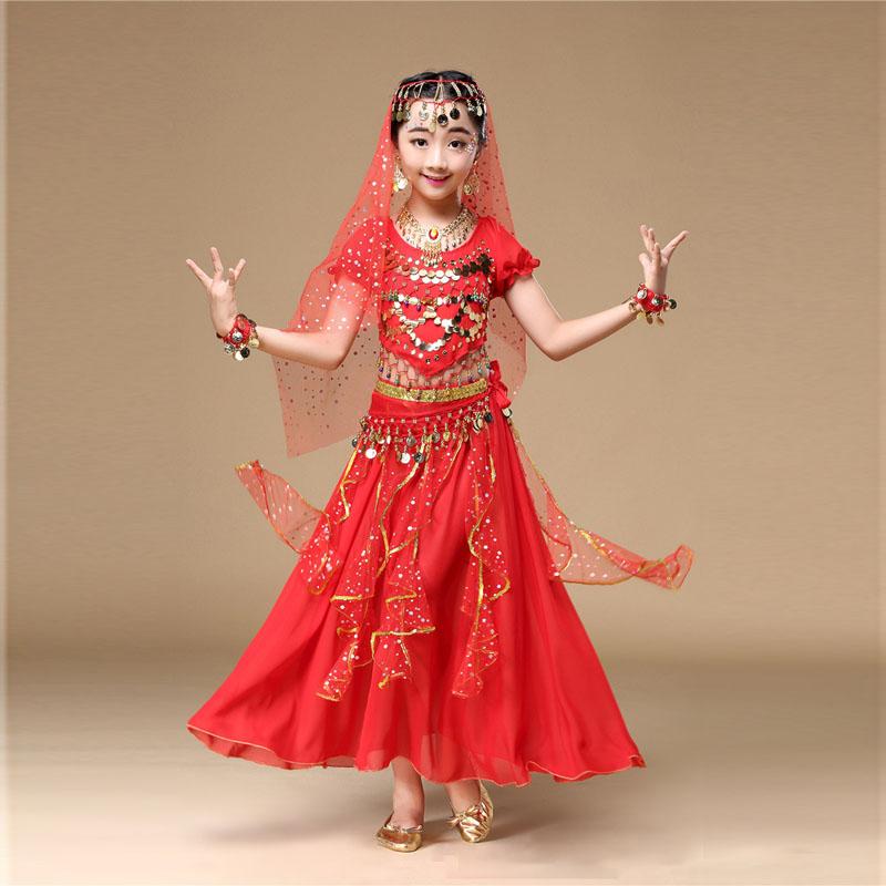 Girl Kids Tulle Indian Belly Dance Clothing Children Performance Costume Tops+Skirt 2pcs Dance Set