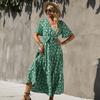Модное повседневное летнее платье с принтом, повседневные зеленые платья с v-образным вырезом и цветочным принтом, элегантное богемное платье с короткими рукавами, Vestidos 25014
