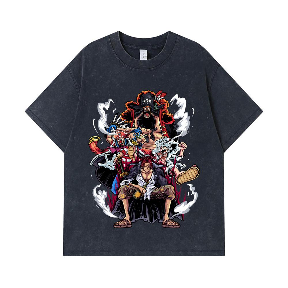 Стиранные футболки 275 г/м² 100% Хлопок One Piece V4 Печать Императоров Унисекс Тяжелая Хлопковая Футболка