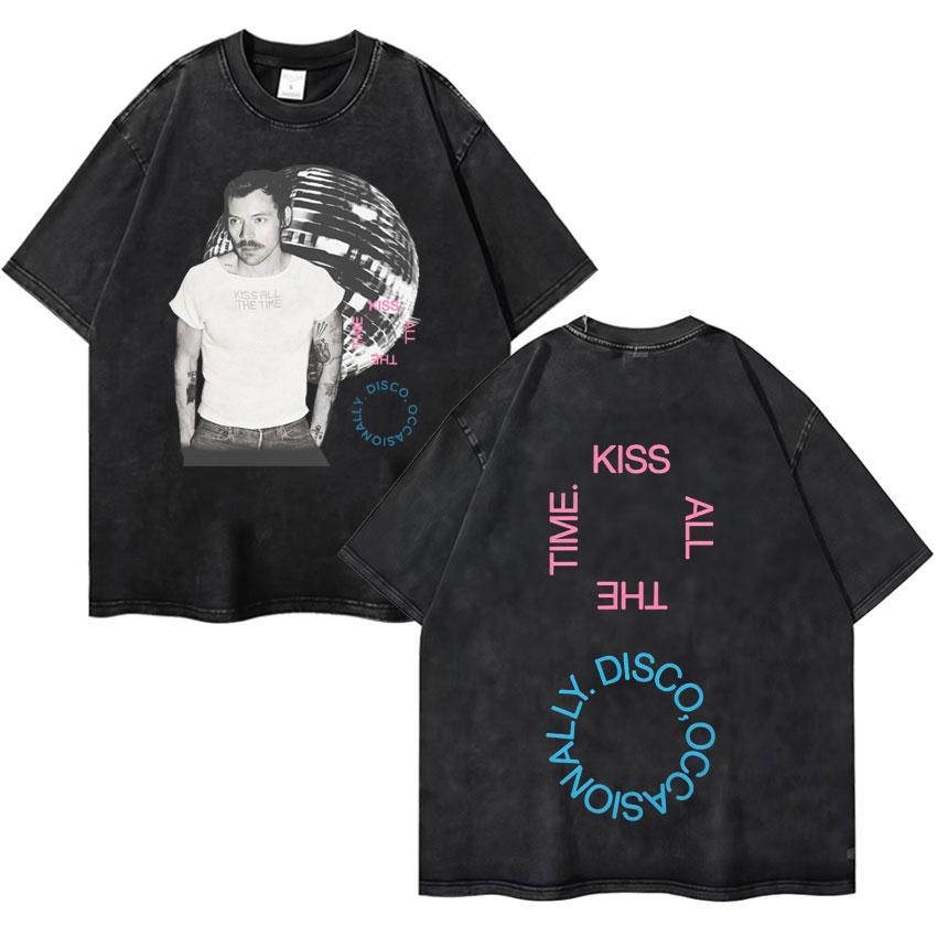 Harry Styles Kiss All The Time Disco Occasionally  Tour High Quality Vintage Washed ONeck Tshirt Fan Gift Unisex Cotton Tee
