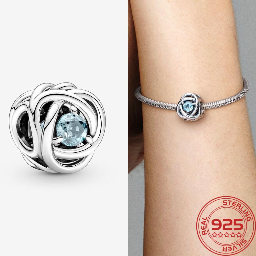 Новый S925 стерлингового серебра шарм подходит модный браслет мартовский камень рождения ажурный вечность круг шарм DIY День памяти ювелирные изделия подарок