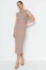 Women's Style Dress Mink Ruffle Detailed Ribbed Bodycone Fitted Midi Smart Flexible Knitted Pencil Dress