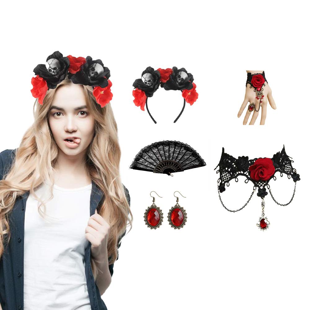 Women Black Lace Red Rose Costume Accessory Set for Halloween Gothic Birthday Theme Party Cosplay Fancy Dress Props