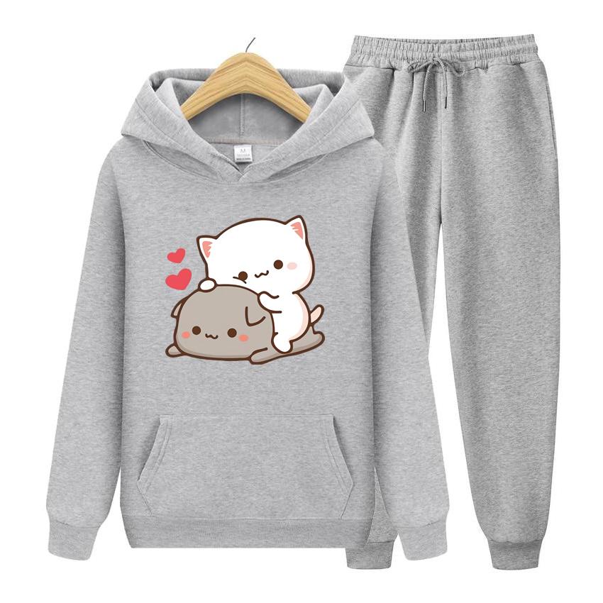 Женский комплект с капюшоном с длинными рукавами Kawaii Girl, комплект свитшотов в стиле аниме, негабаритный повседневный пуловер, милая пара, подарок на день Святого Валентина, комплект с капюшоном