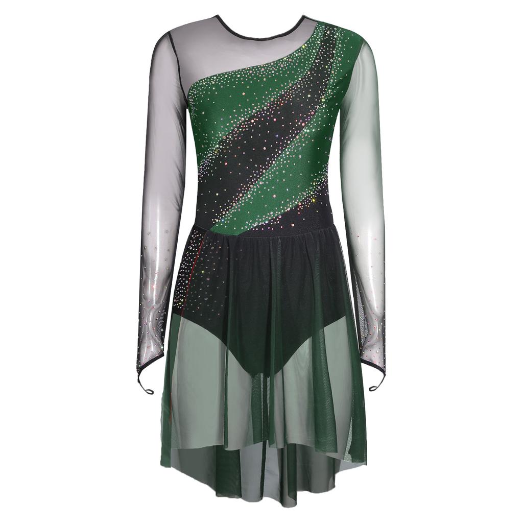 Womens Figure Skating Dress Contrast Color Rhinestones Gradient Mesh Skirt One Piece Leotard