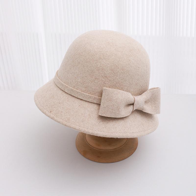 Autumn and winter hat women's bow wool basin hat dome retro british top hat outdoor bucket hat tide