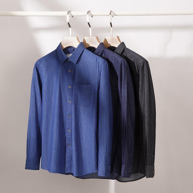 Мужские джинсовые рубашки из 100% хлопка с длинным рукавом, мягкие мужские джинсовые рубашки стандартной посадки, деловая повседневная однотонная однотонная рубашка с карманами